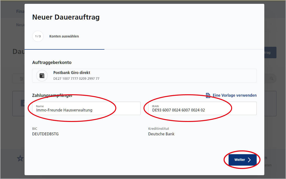 Dauerauftrag einrichten – Konto auswählen