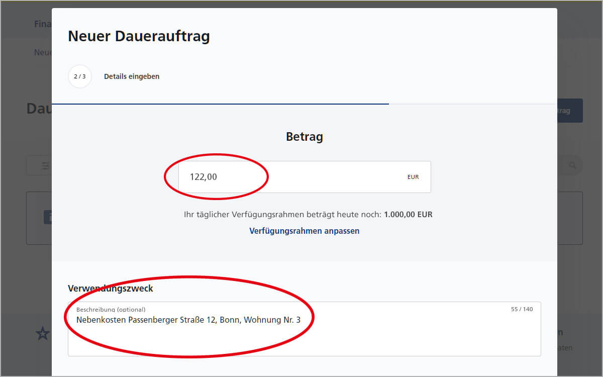 Dauerauftrag einrichten – Details eingeben