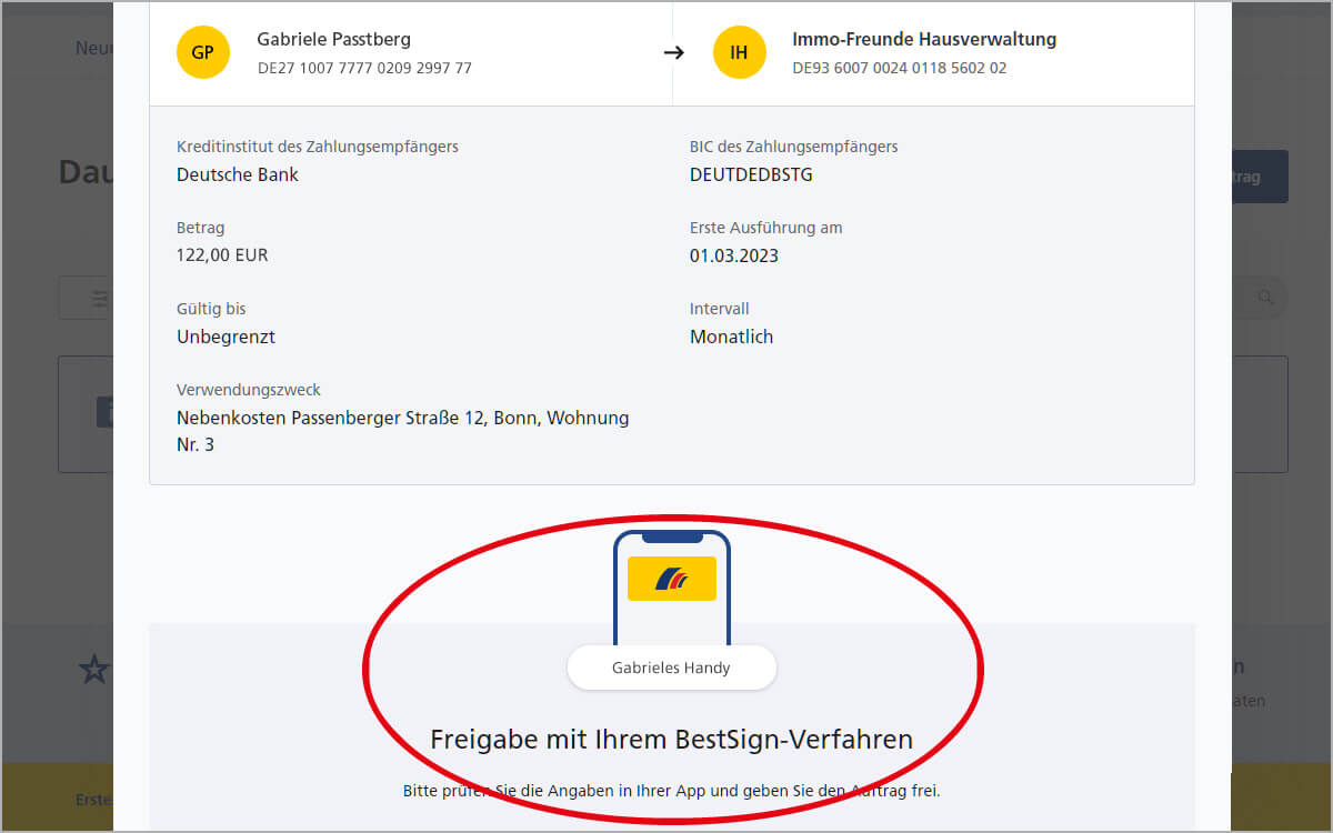 Dauerauftrag einrichten – Zusammenfassung und Freigabe