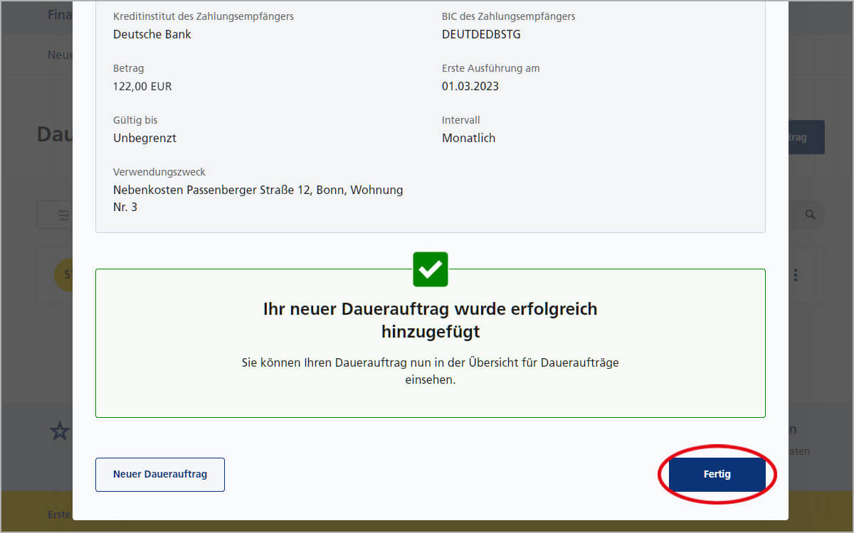 Dauerauftrag einrichten – Fertig!