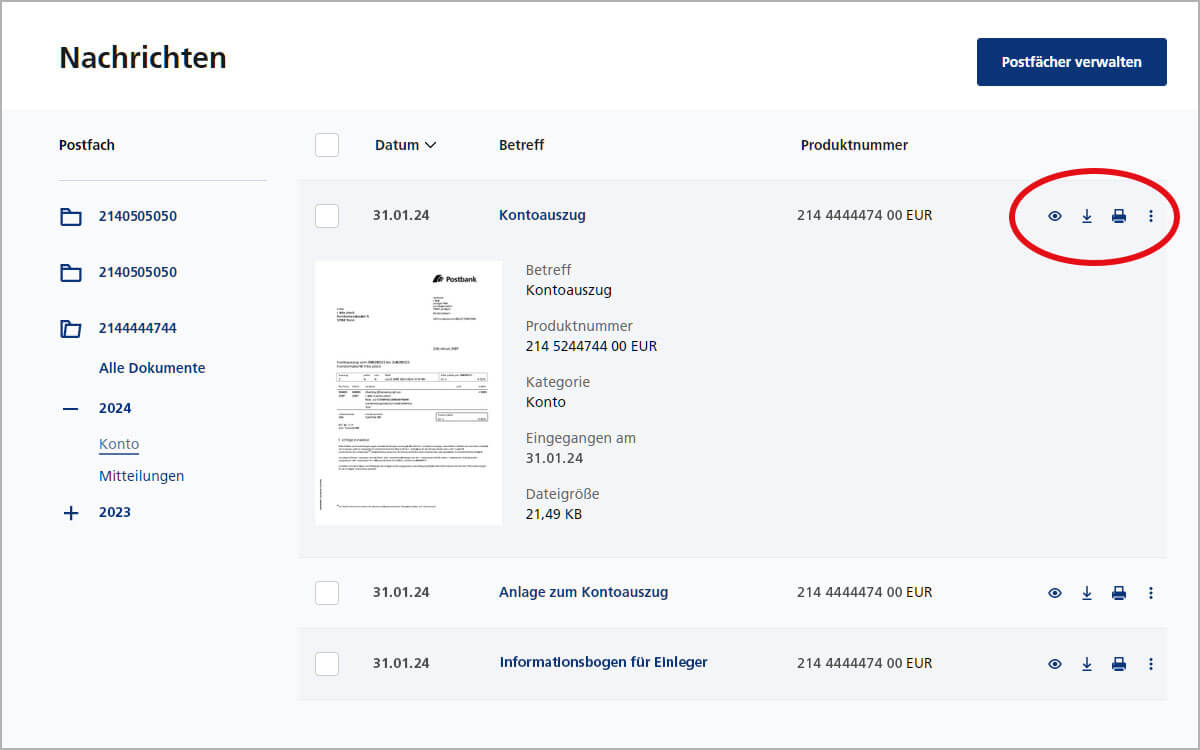 Kontoauszug anzeigen, herunterladen oder drucken