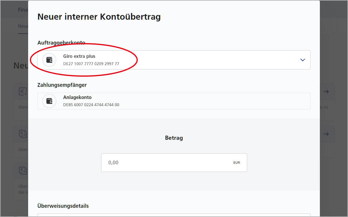 Interner Kontoübertrag – Konto auswählen