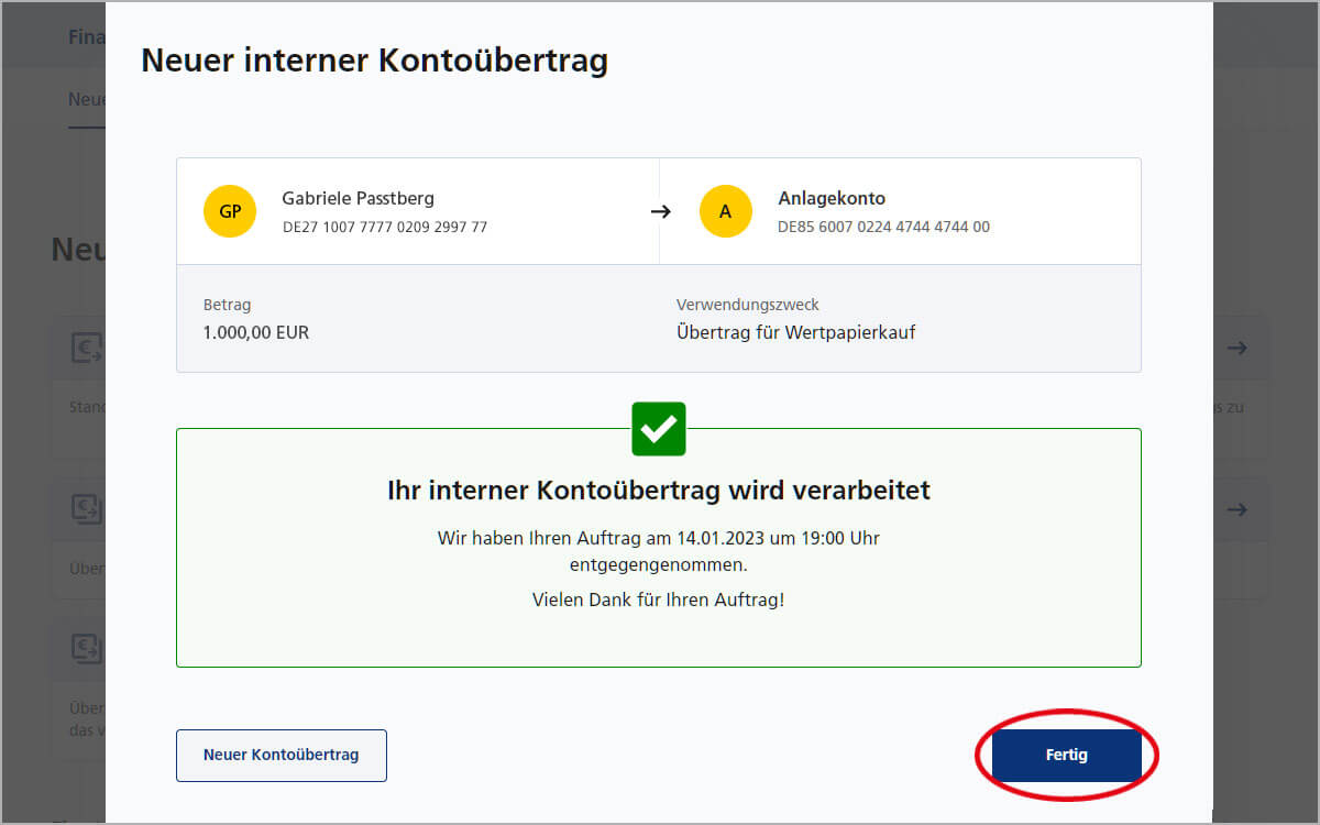 Interner Kontoübertrag – Fertig!