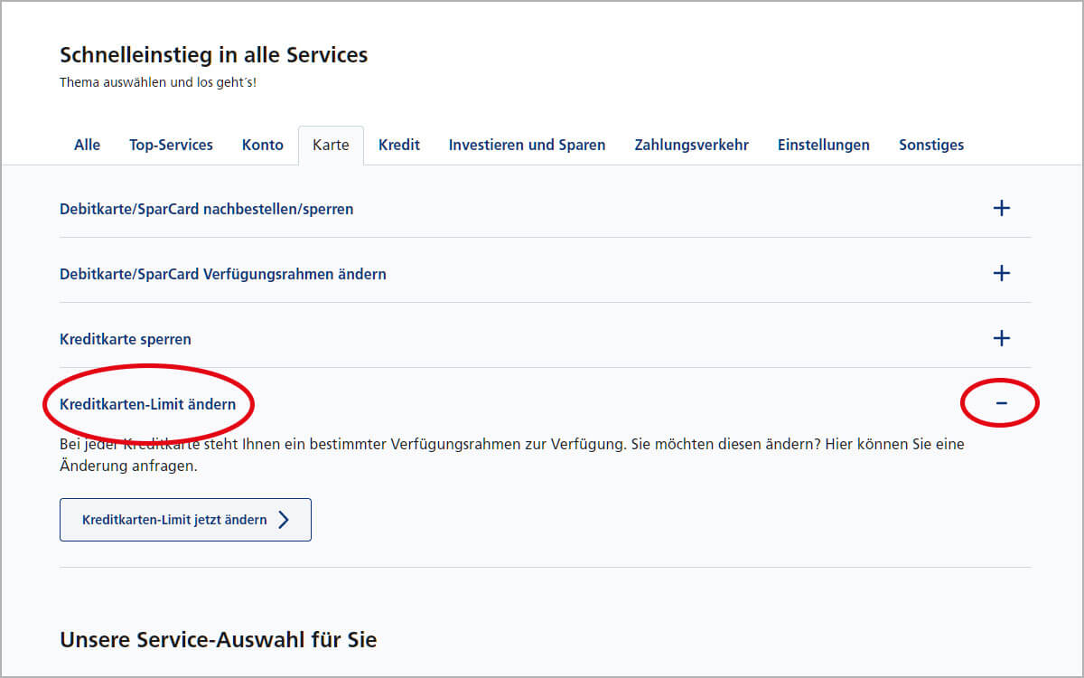 Kreditkarten-Limit erhöhen – Karte aufrufen
