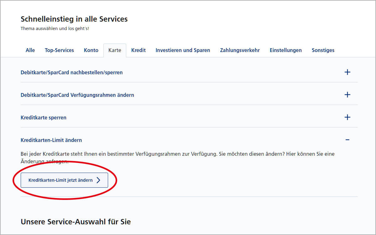 Kreditkarten-Limit erhöhen – Änderung auswählen