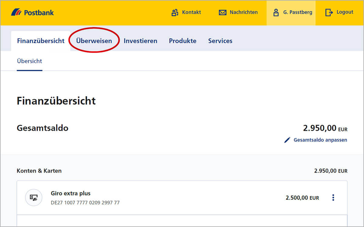 So starten Sie das neue Postbank Banking & Brokerage – Überweisung starten