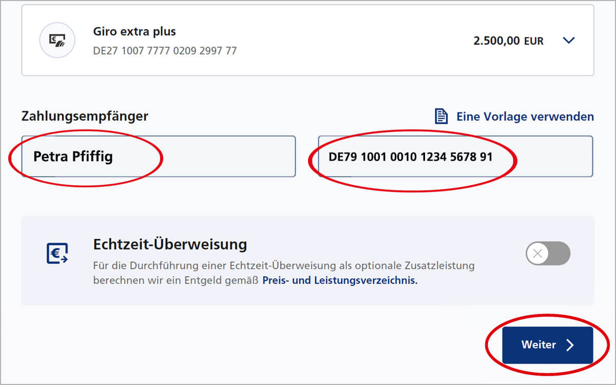 So starten Sie das neue Postbank Banking & Brokerage – Zahlungsempfänger*in bestimmen