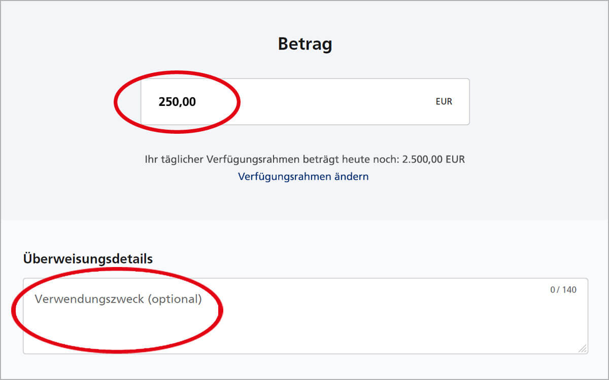 So starten Sie das neue Postbank Banking & Brokerage – Betrag und Verwendungszweck angeben