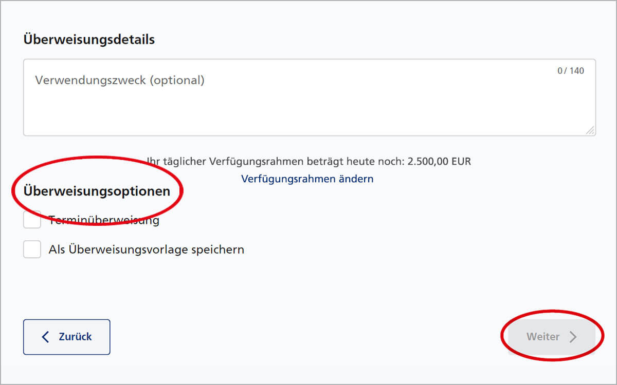 Über­weisungs­optionen