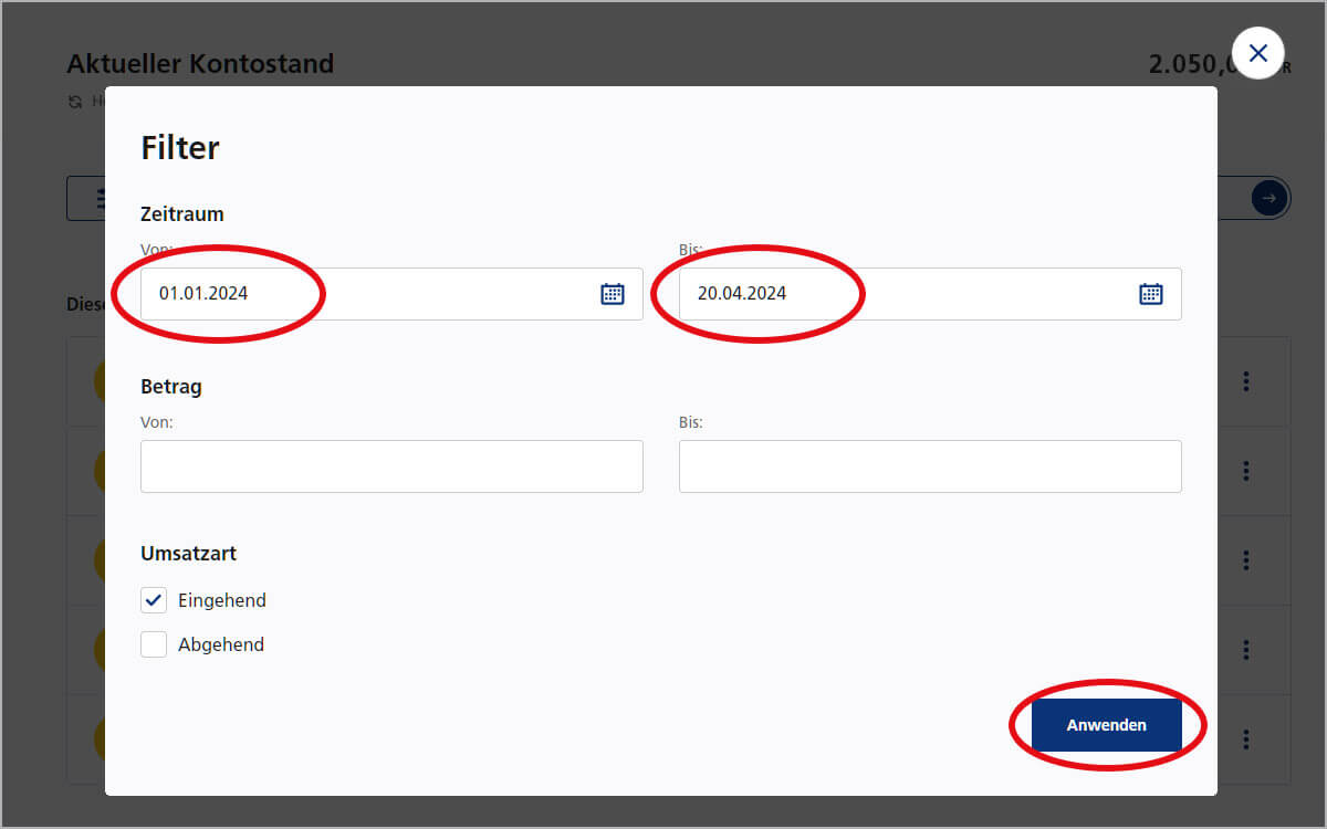 Umsätze im OnlineBanking anzeigen lassen und filtern Postbank