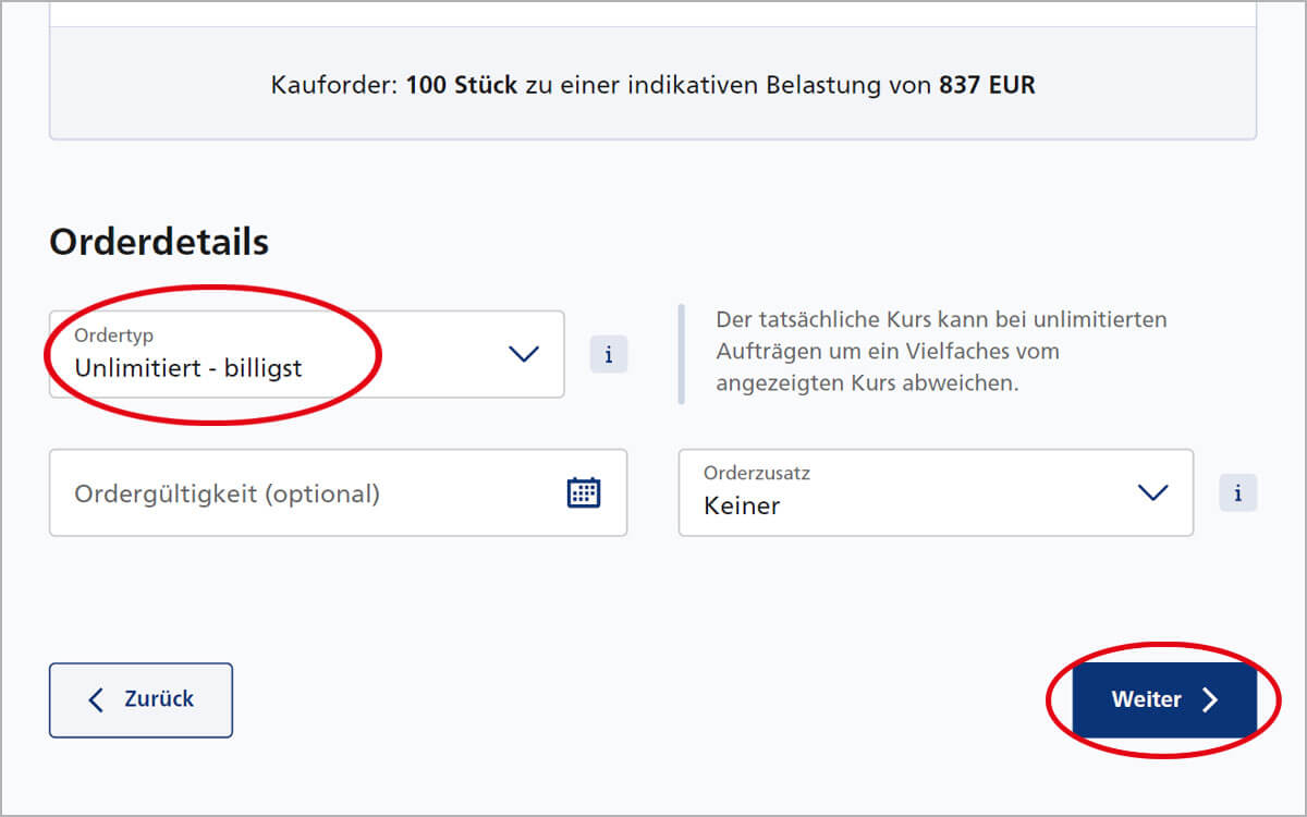Orderdetails festlegen