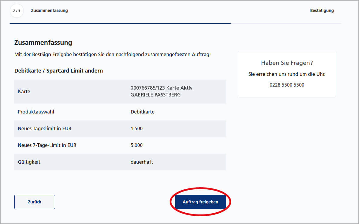 Debitkarte / SparCard Verfügungsrahmen ändern | Postbank