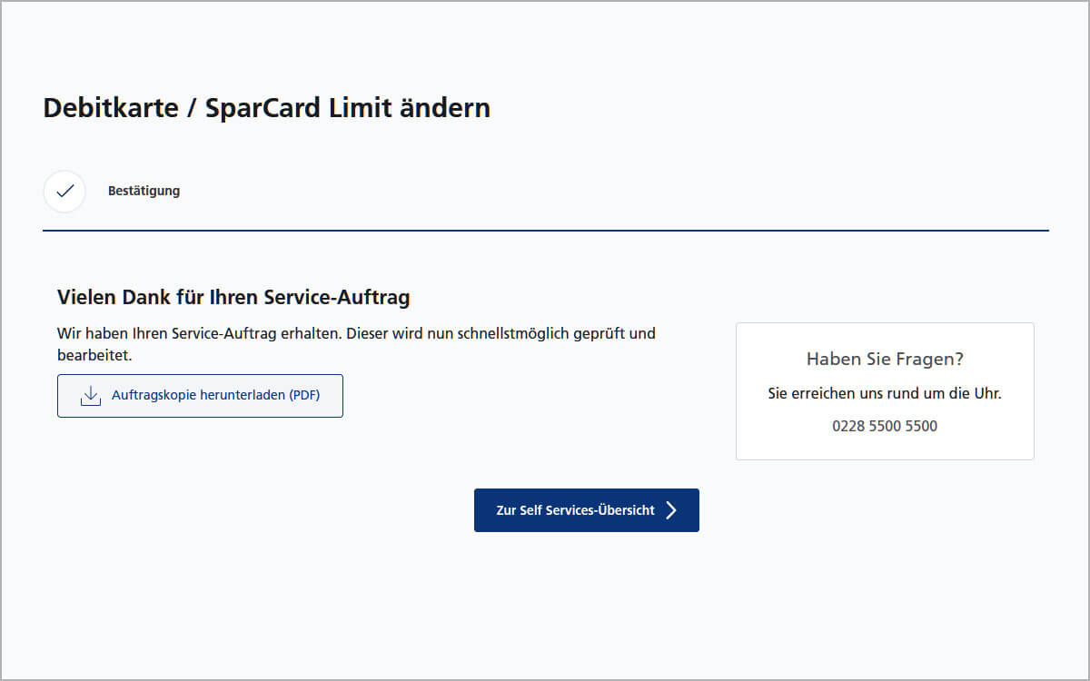 Debitkarte / SparCard Verfügungsrahmen ändern | Postbank