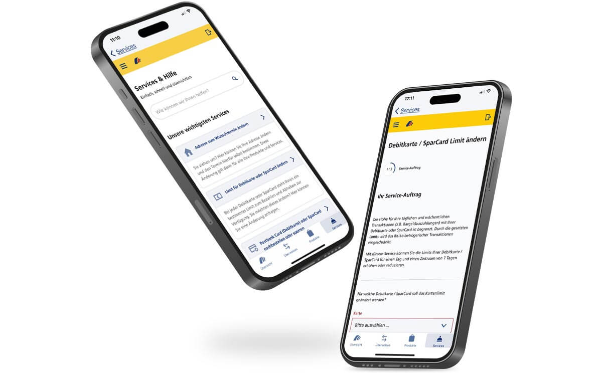 Zwei Smartphones, die den Self-Service der Postbank zeigen