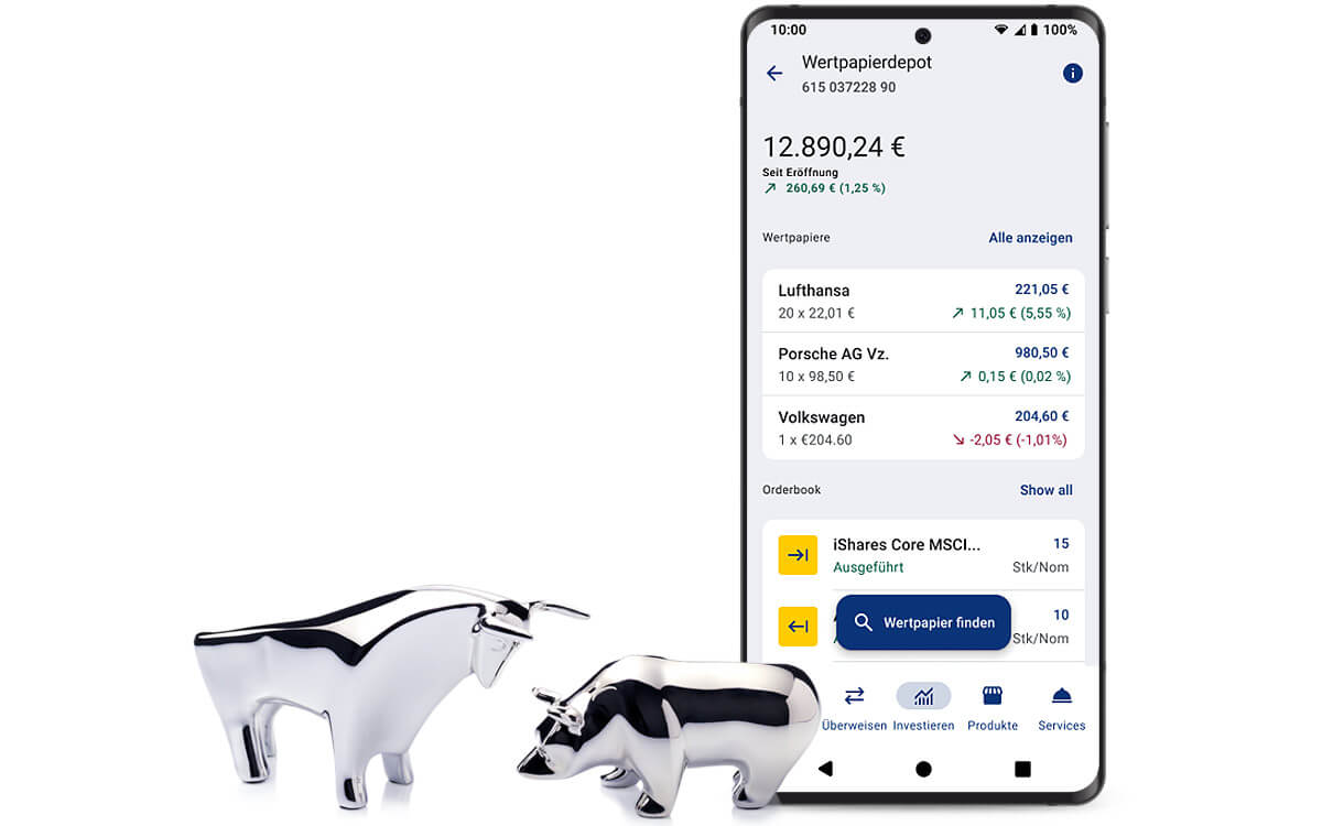 Figuren Bulle & Bär neben einem Screenshot mit der Ansicht des Mobile Brokerages in der Postbank App