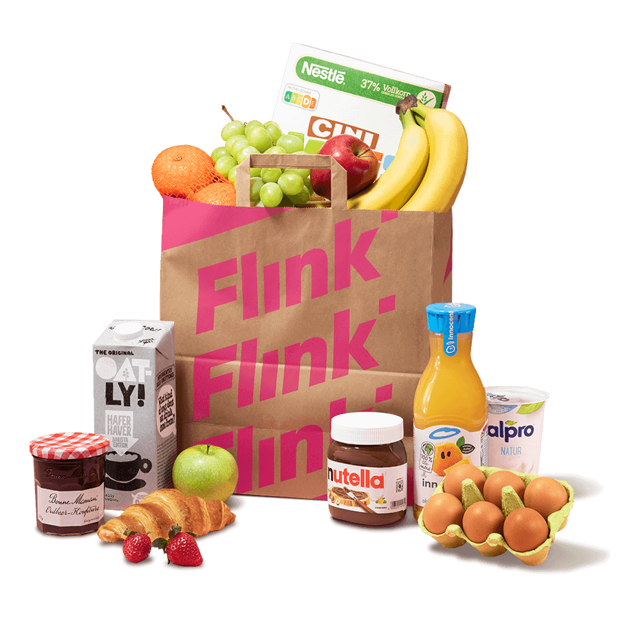 Eine gefüllte Einkaufstüte von Flink