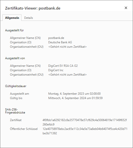 Das Sicherheitszertifikat der Postbank