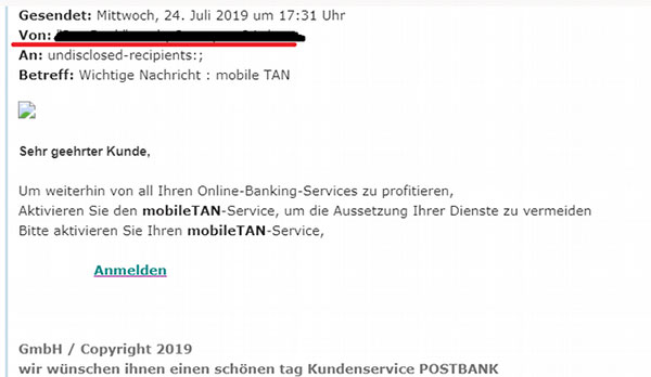 Phishingmail zu „Aktivierung des mobileTan-Service“