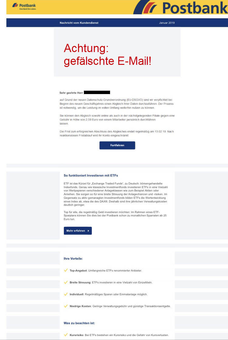 Sicherheitshinweise - Vorsicht vor gefälschten Postbank-Newslettern