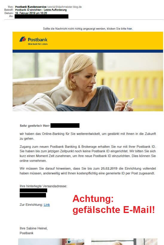 Betrüger versenden gefälschte E-Mails zur Einrichtung Ihrer Postbank ID