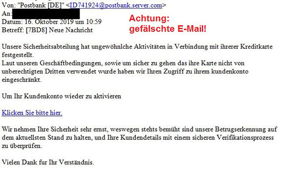 Betrüger versenden Phishing-Mails um Ihre persönlichen Daten sowie Kreditkartendaten zu ergaunern