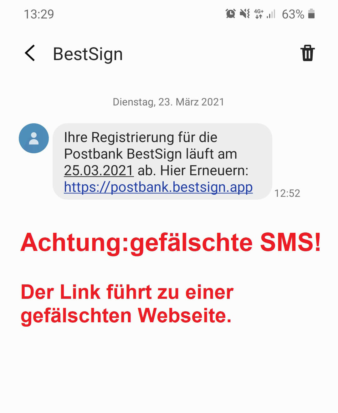 Ansicht einer gefälschten SMS