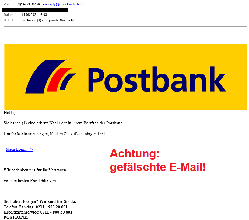 Ansicht einer gefälschten E-Mail