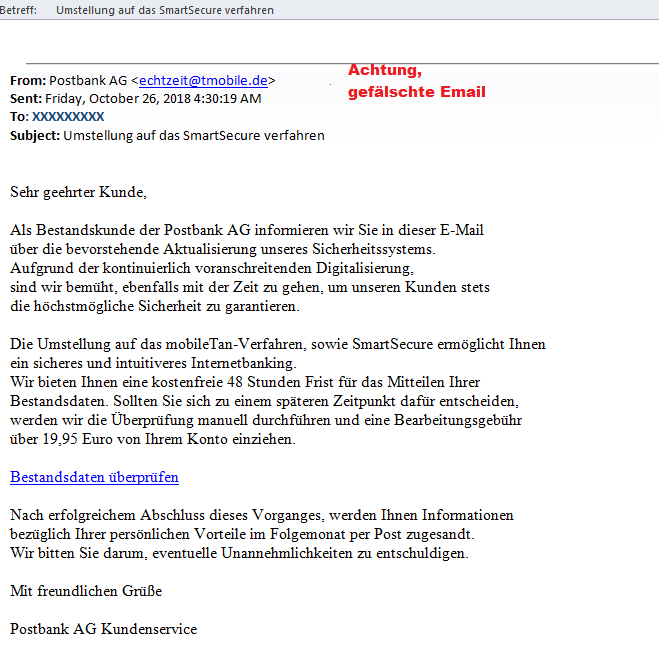 Sicherheitshinweise - Phishingmails zu angeblicher Umstellung auf SmartSecure