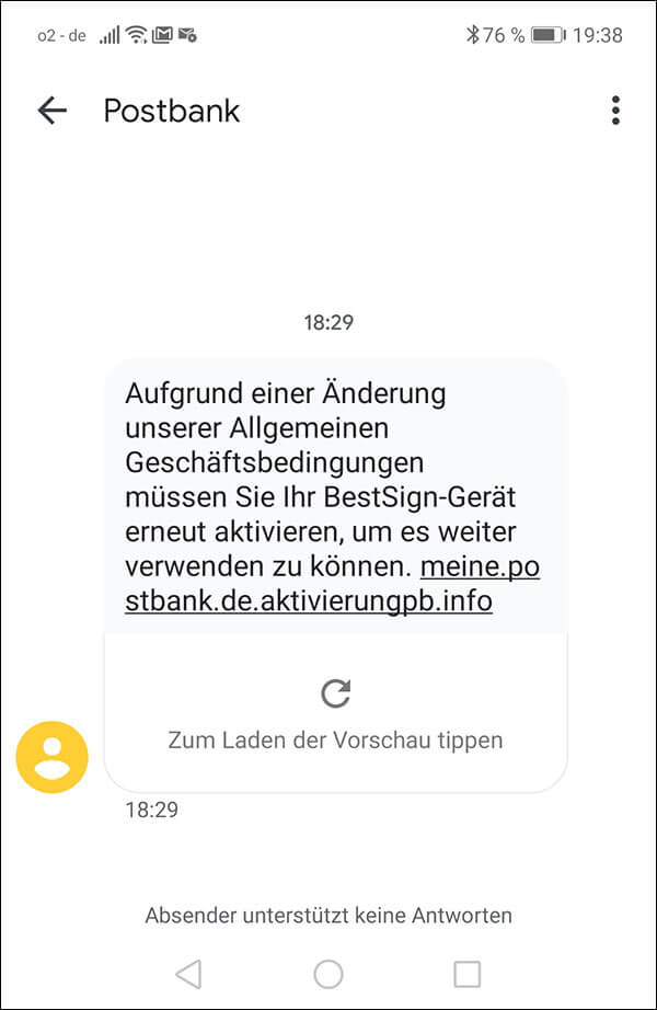 Gefälschte SMS zur angeblichen erneuten Aktivierung von BestSign