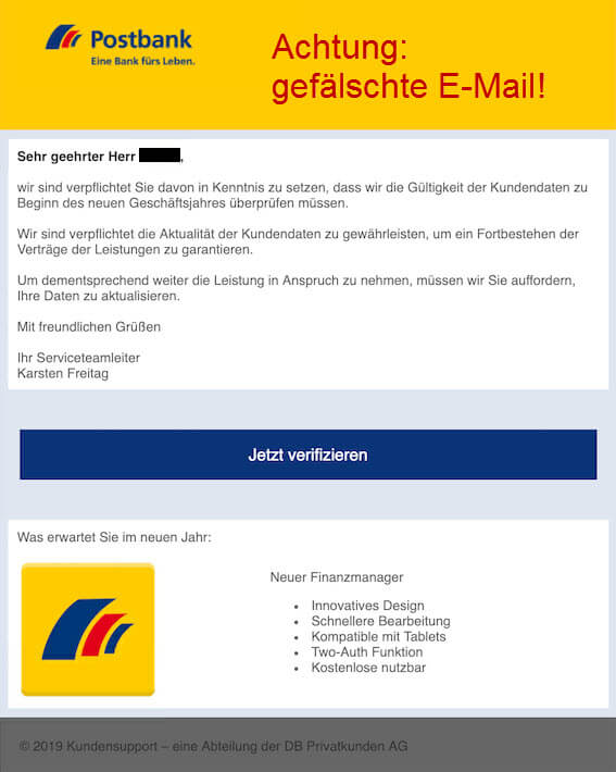 Sicherheitshinweis - Die Postbank fragt niemals nach einer Verifizierung Ihrer Daten - Aktuelles Beispiel