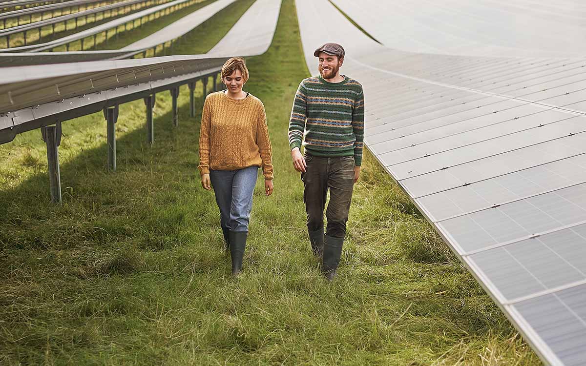 Eine Mann und eine Frau zwischen Solarpanels auf einer Wiese