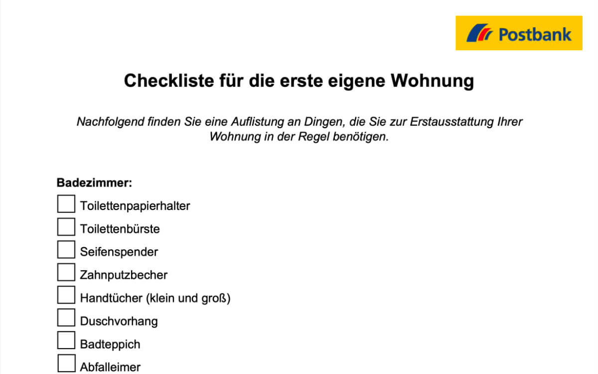 Checkliste: Erste eigene Wohnung einrichten